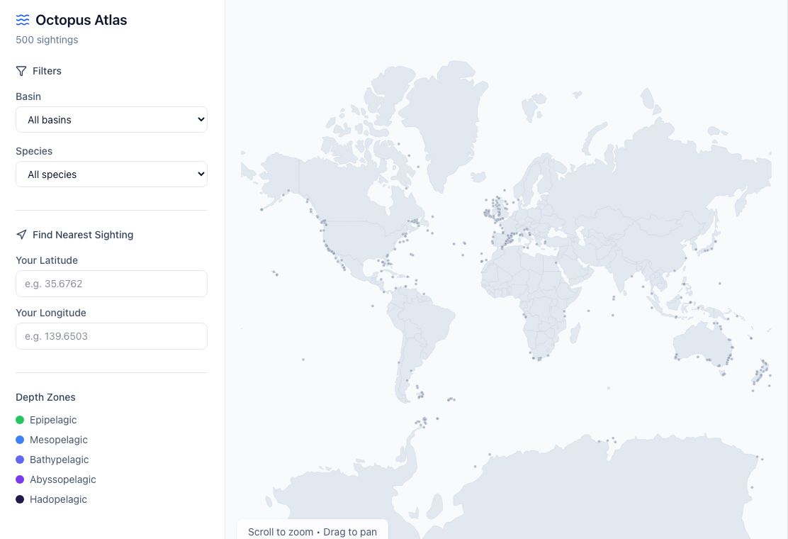 The finished app — a world map of every sighting, with filters and a nearest-octopus search